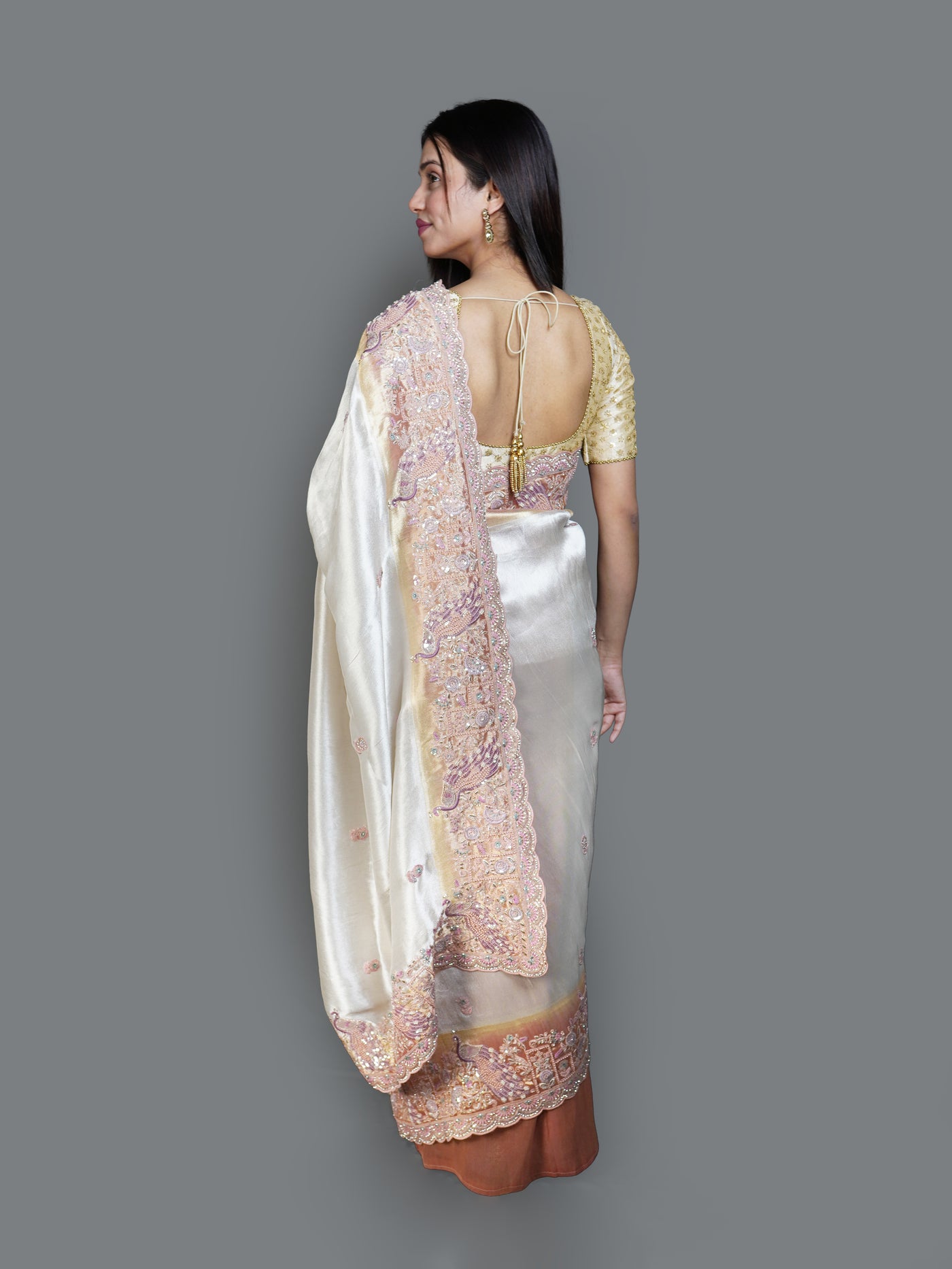 Shimmering Ivory Saree with Pastel Embroidered Border (UT-7140  GS-180)