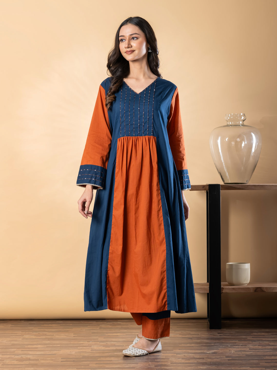 Teal & Terracotta Panel Kurta Set