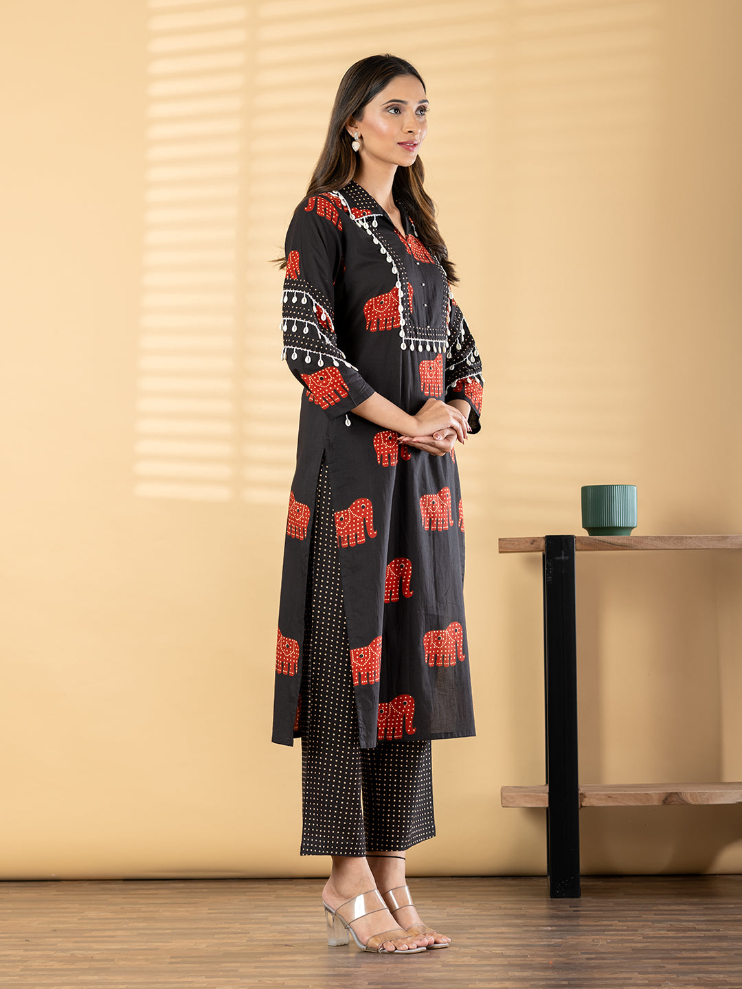 Elephant Print Cotton-Silk Suit with Tassel Accents