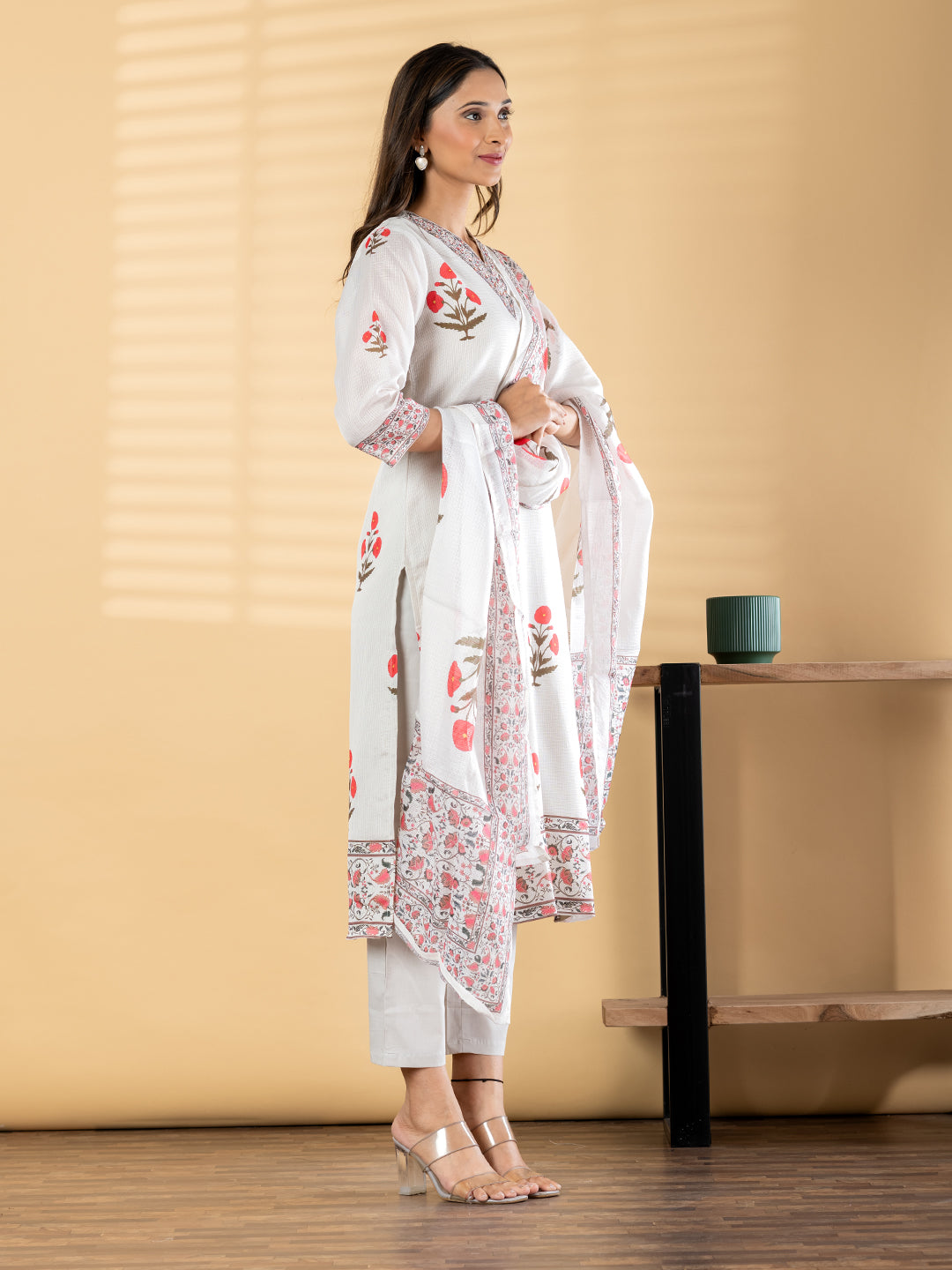 Ivory Floral Cotton-Silk Suit Set