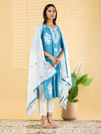 Azure Bloom Hand-Embroidered Suit Set
