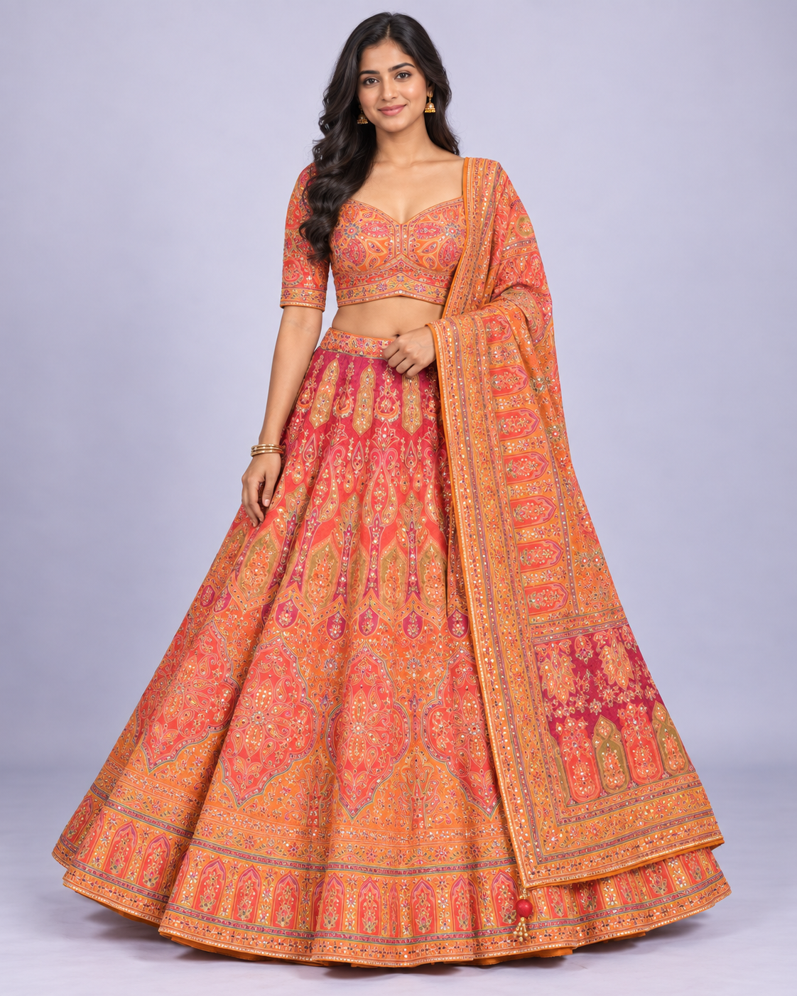 Coral Orange Printed Silk Lehenga Choli Set