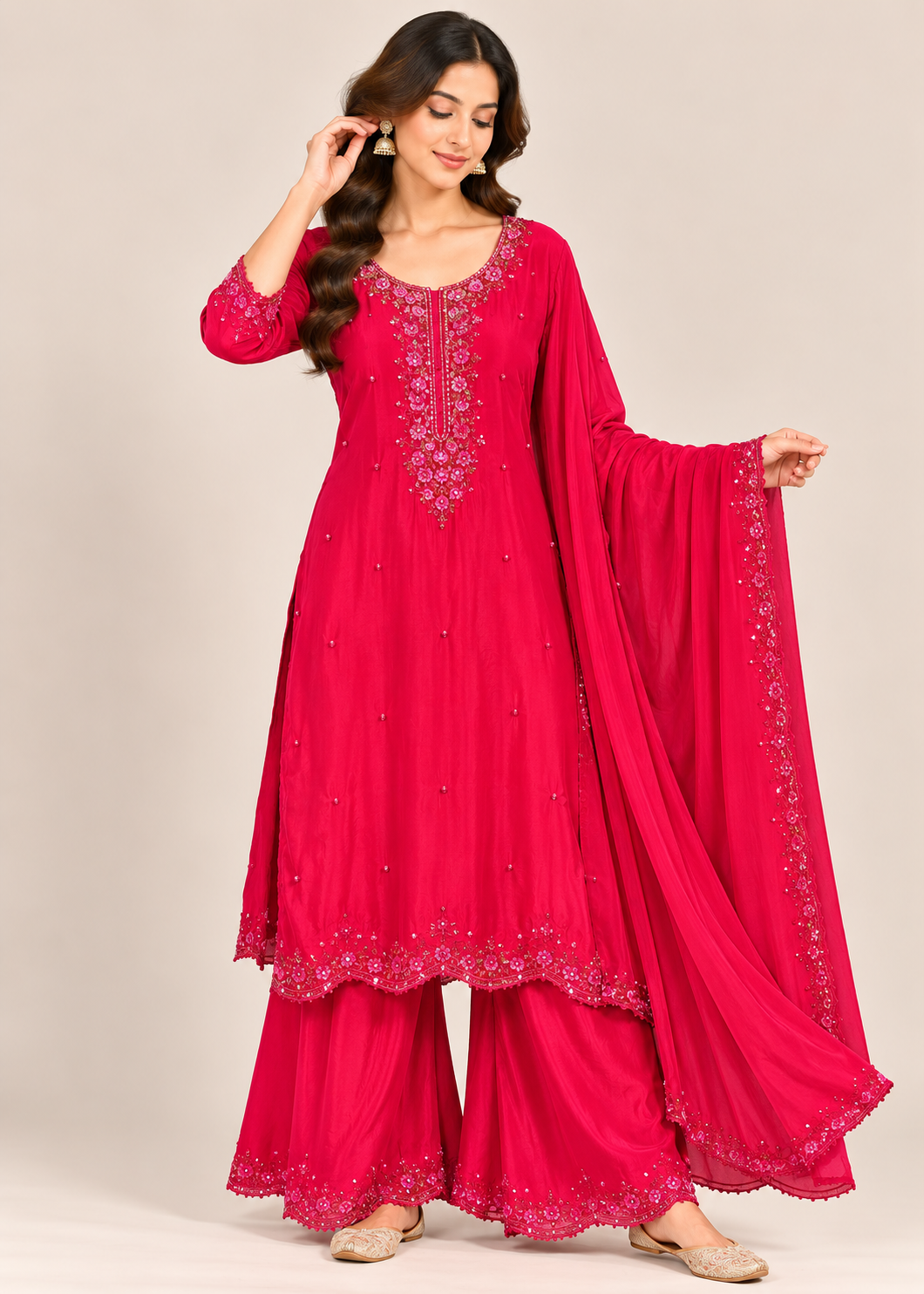 Rani Pink Embroidered Sharara Suit with Dupatta