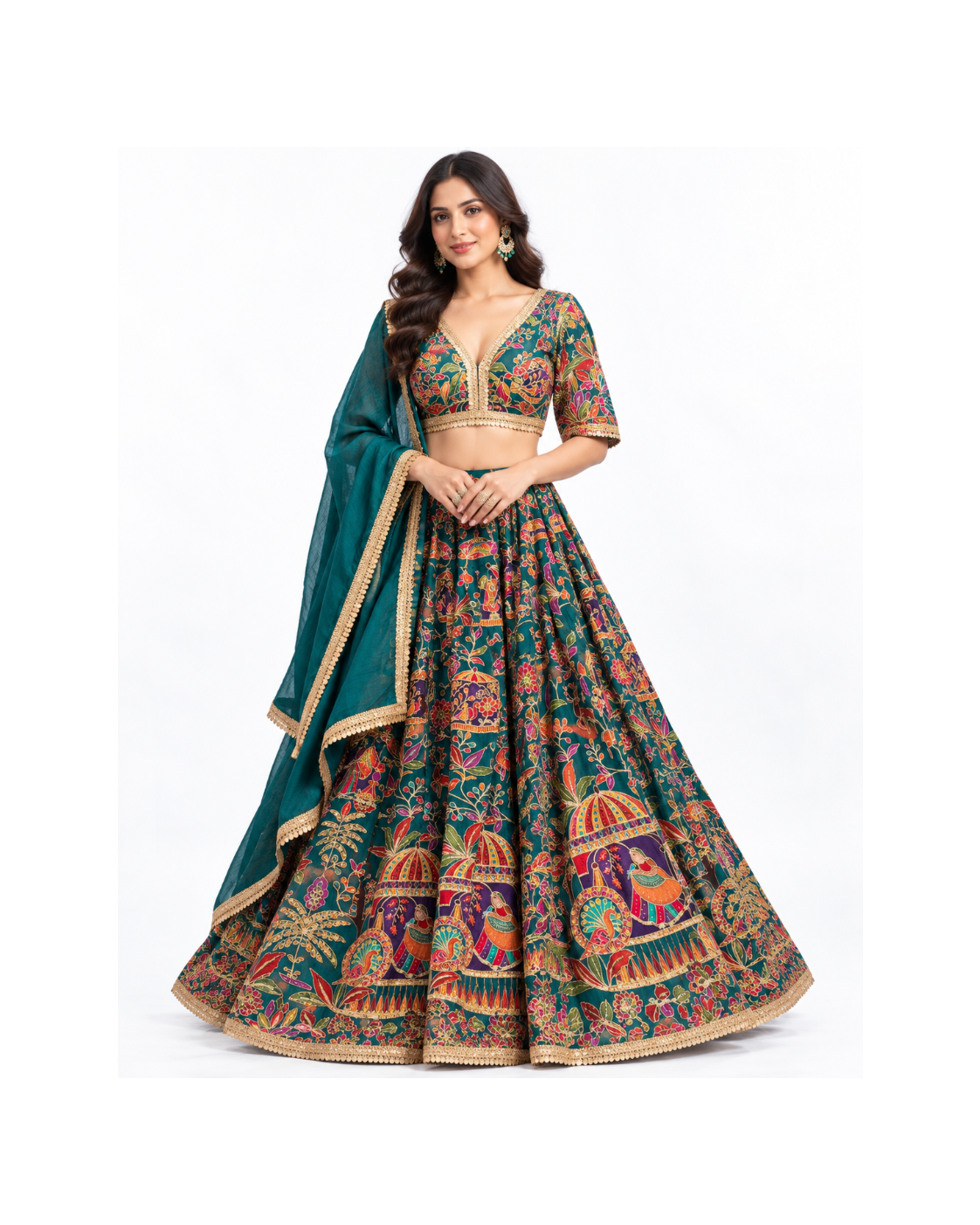 Teal Blue Multicolour Floral Embroidered Lehenga