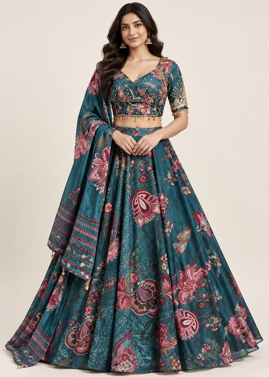 Teal Blue Floral Printed Lehenga