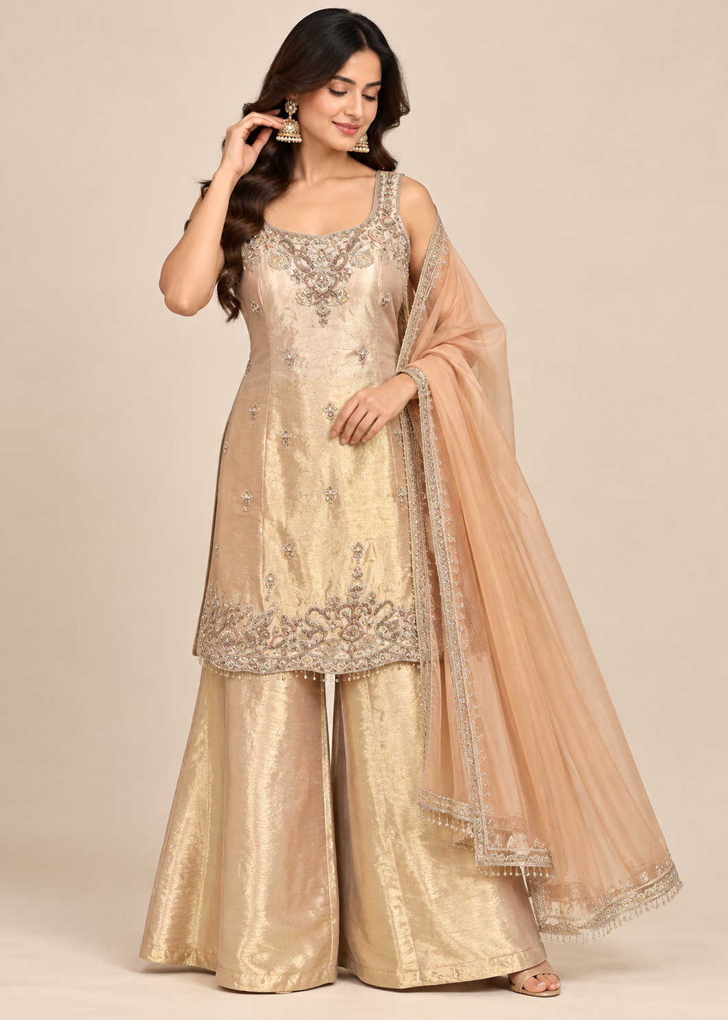 Champagne Blush Embroidered Palazzo Suit with Dupatta Main image