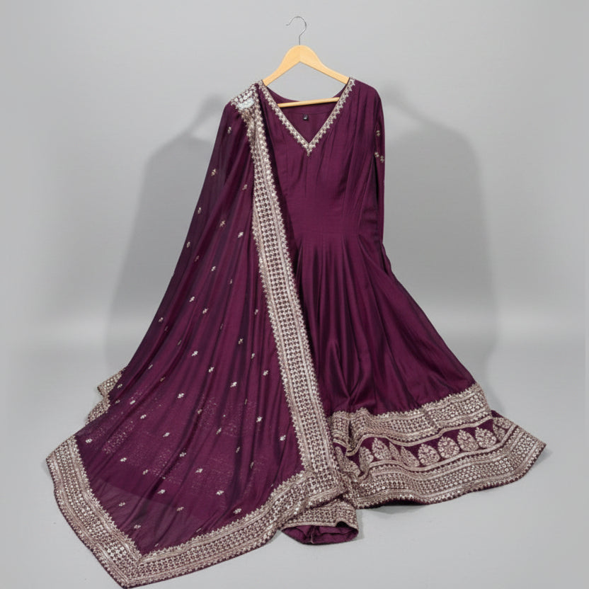 Royal Plum Mirror-Work Anarkali Ensemble