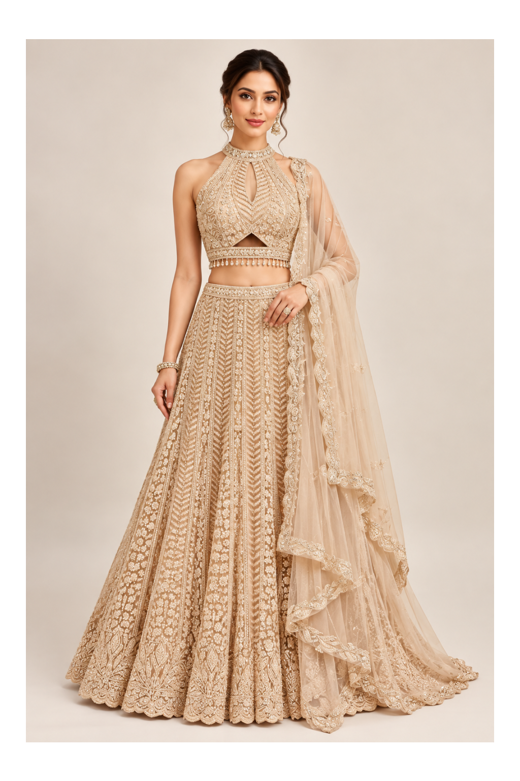 Champagne Gold Embroidered Halter Lehenga Set