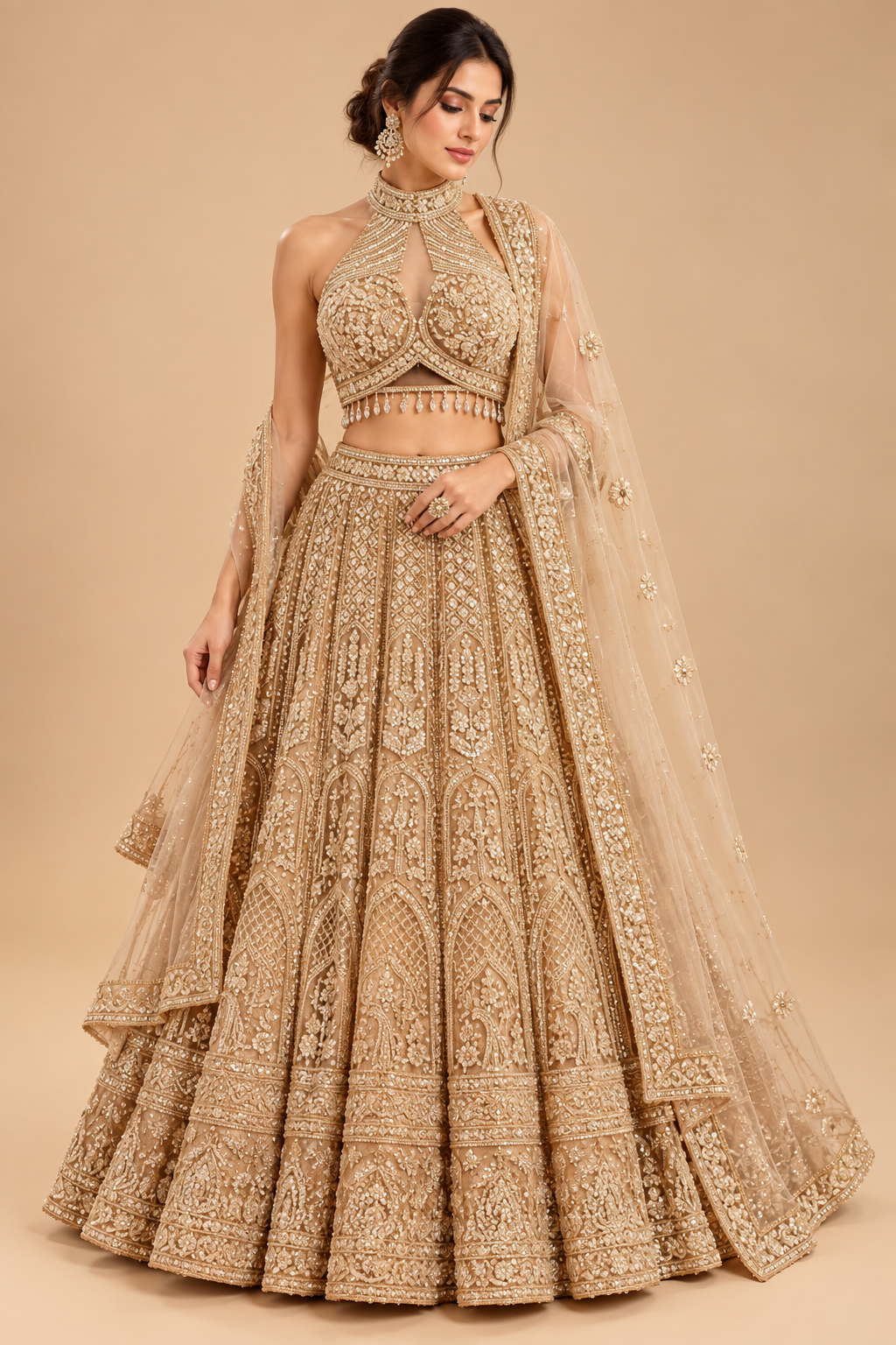 Champagne Gold Halter-Neck Embroidered Bridal Lehenga Choli Set