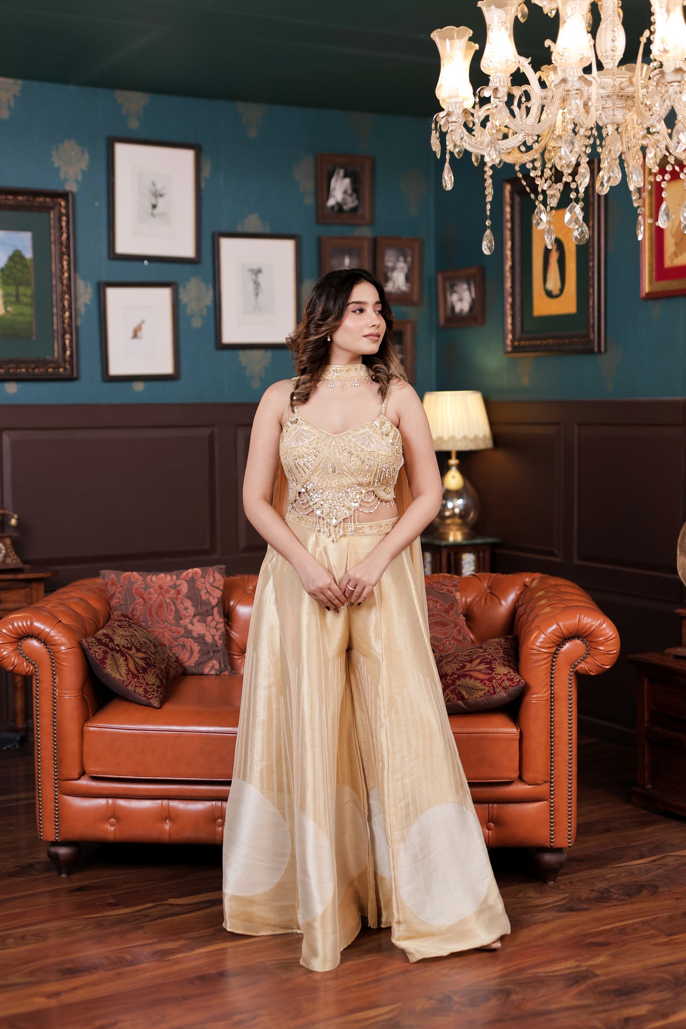 Luxurious Gold Sharara Ensemble (Indo-Western) (5115 M-35)