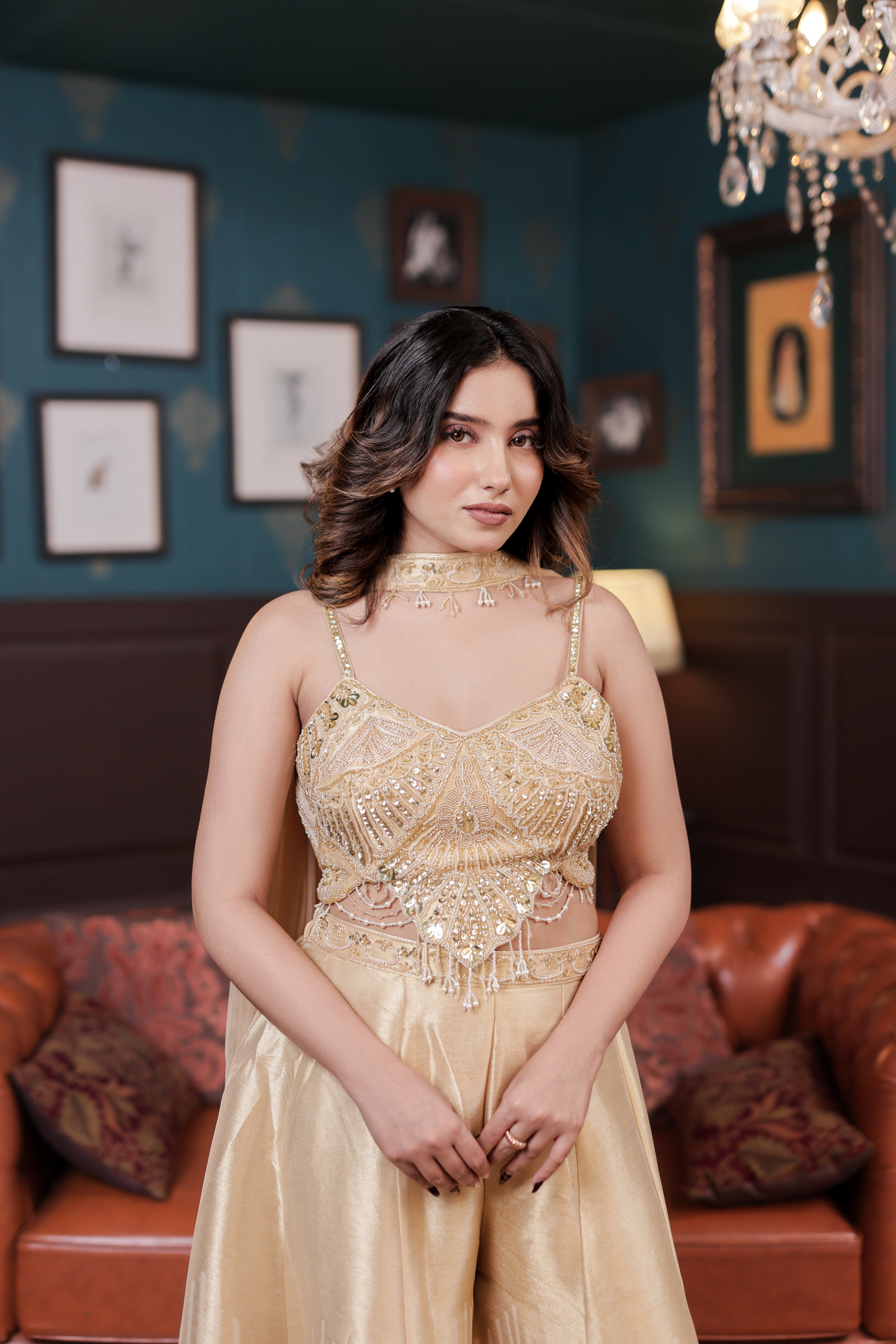 Luxurious Gold Sharara Ensemble (Indo-Western) (5115 M-35)