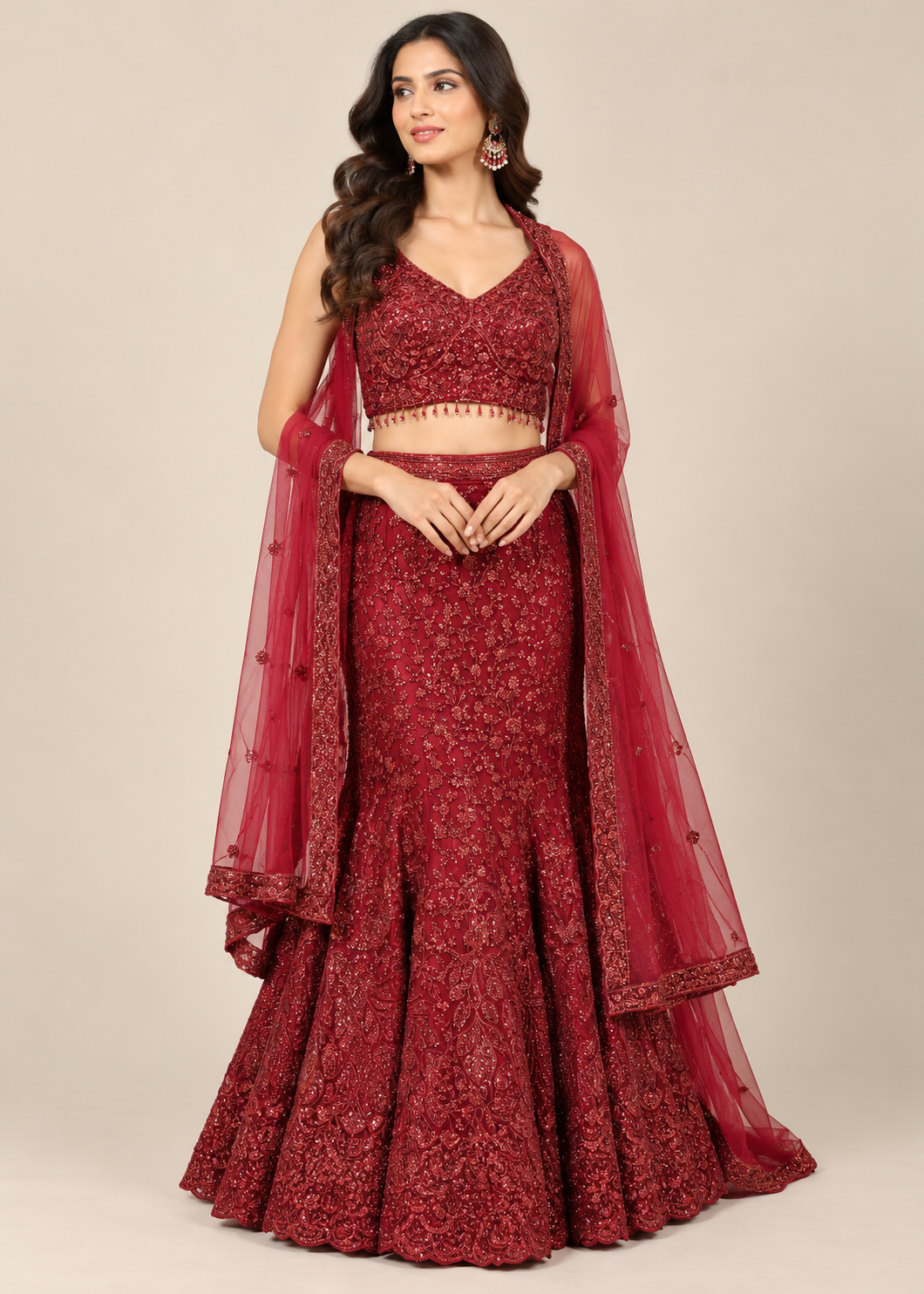 Crimson Red Embellished Mermaid Lehenga Set