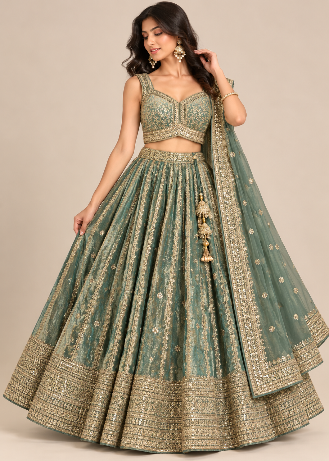 Sage Green Embroidered Lehenga with Dupatta