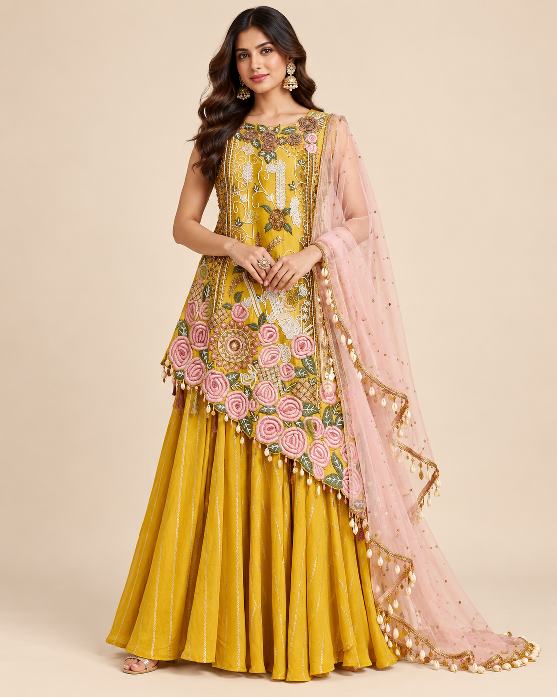 Mustard Yellow Asymmetrical Embroidered Kurti Sharara Set with Cowrie Shell Fringe and Blush Pink Dupatta Main image
