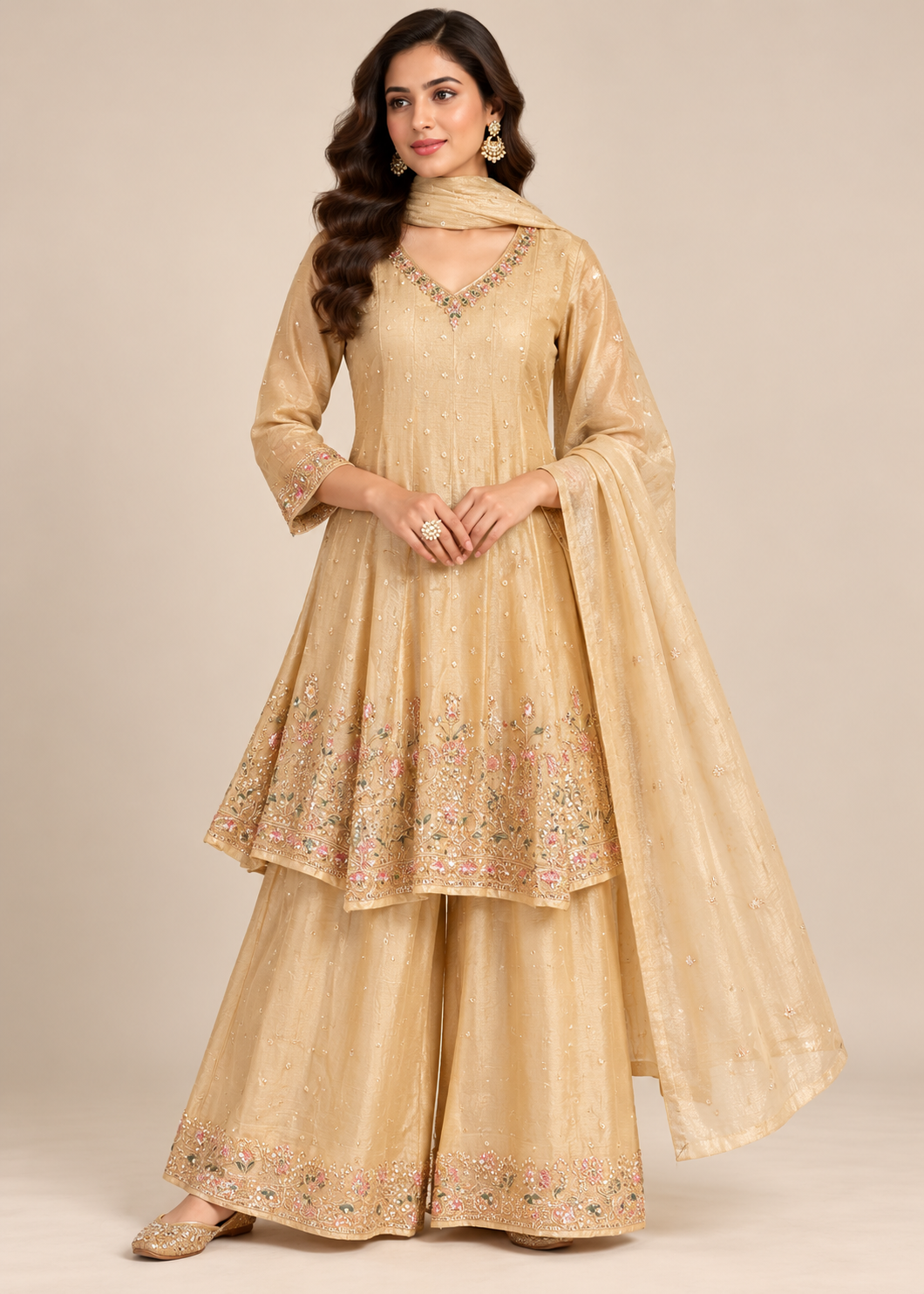 Champagne Gold Tissue Embroidered Sharara Set