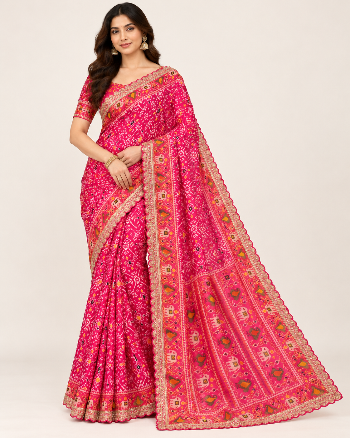 Vibrant Magenta Ikat Pattern Silk Saree with Scalloped Border
