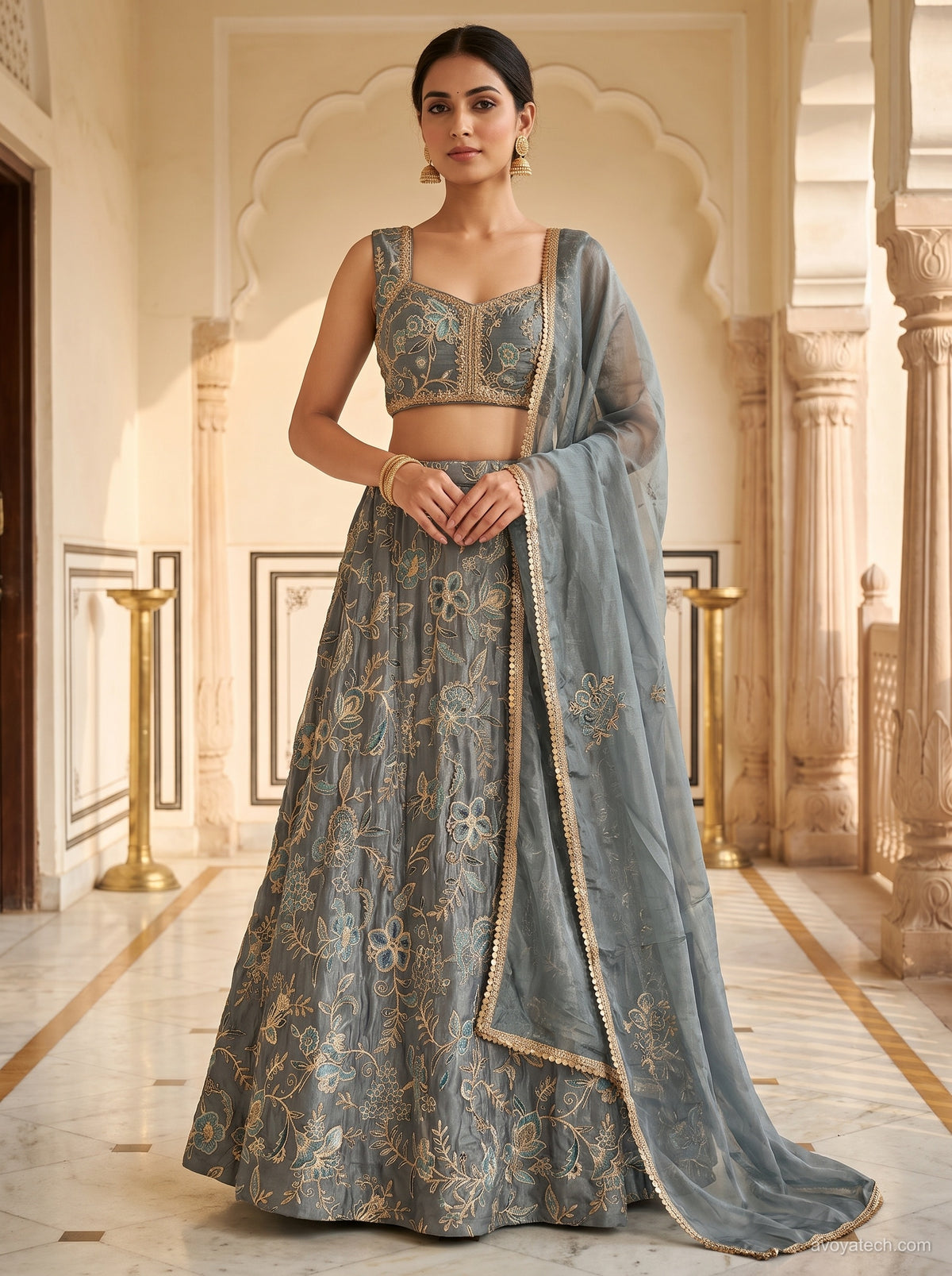 Steel Slate Embroidered Silk Lehenga Set