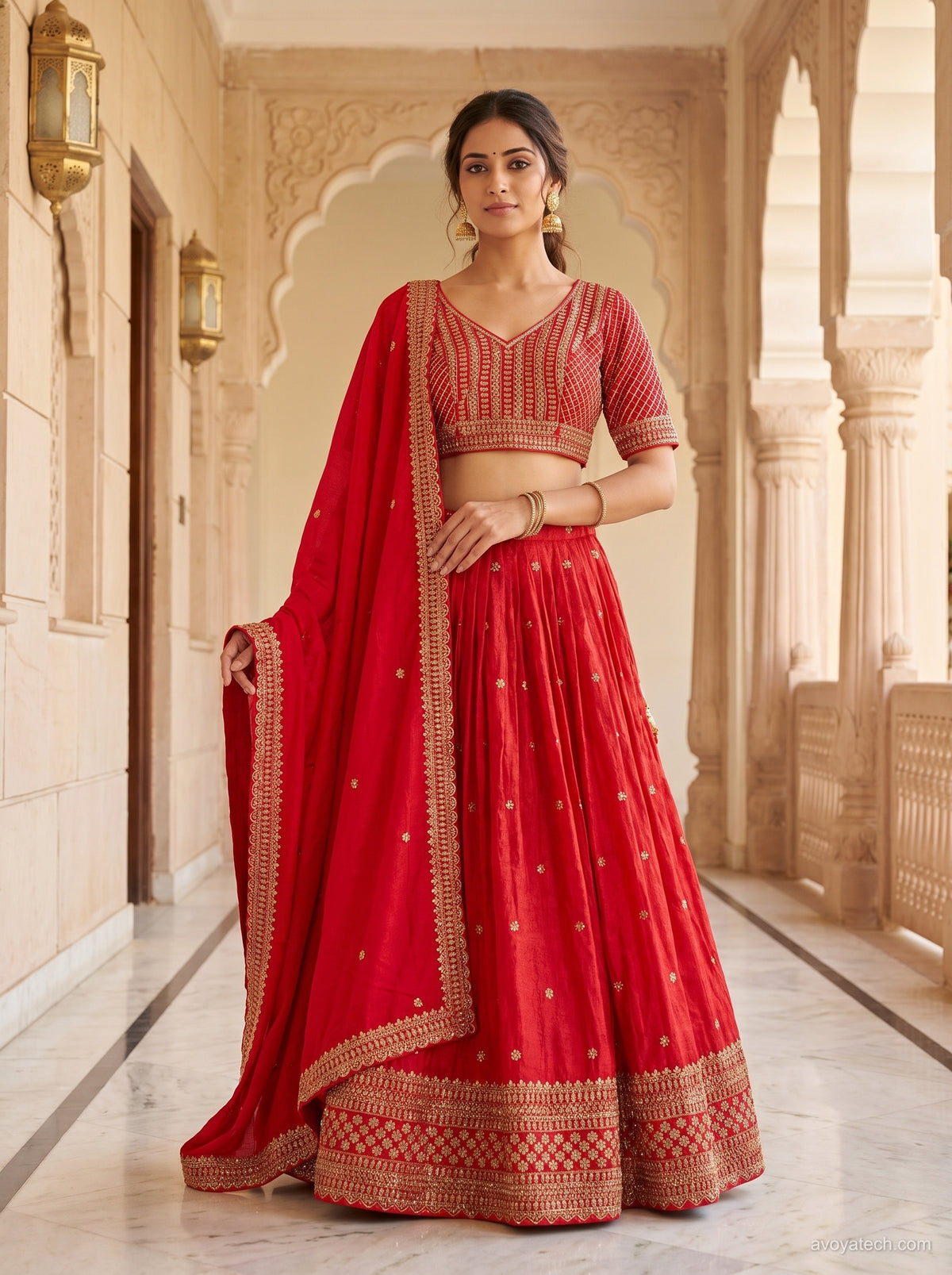 Crimson Red Zari Embroidered Silk Lehenga Choli Set Main image