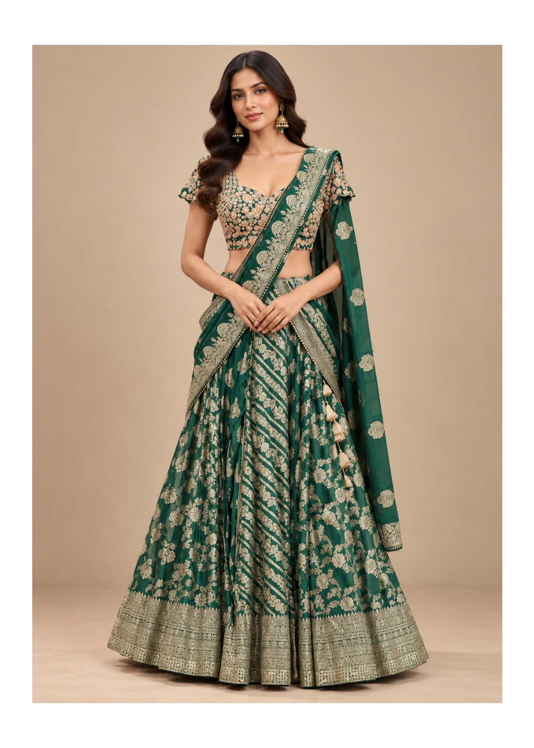 Emerald Green Gold Embroidered Lehenga Set