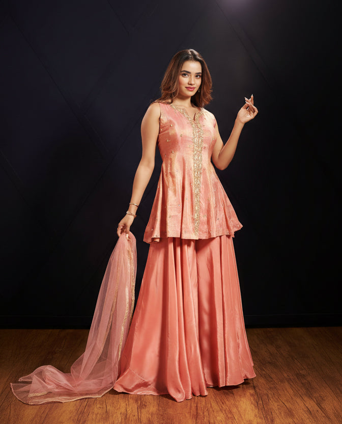 Designer Hand-Embellished Peplum Kurti with Flared Sharara
