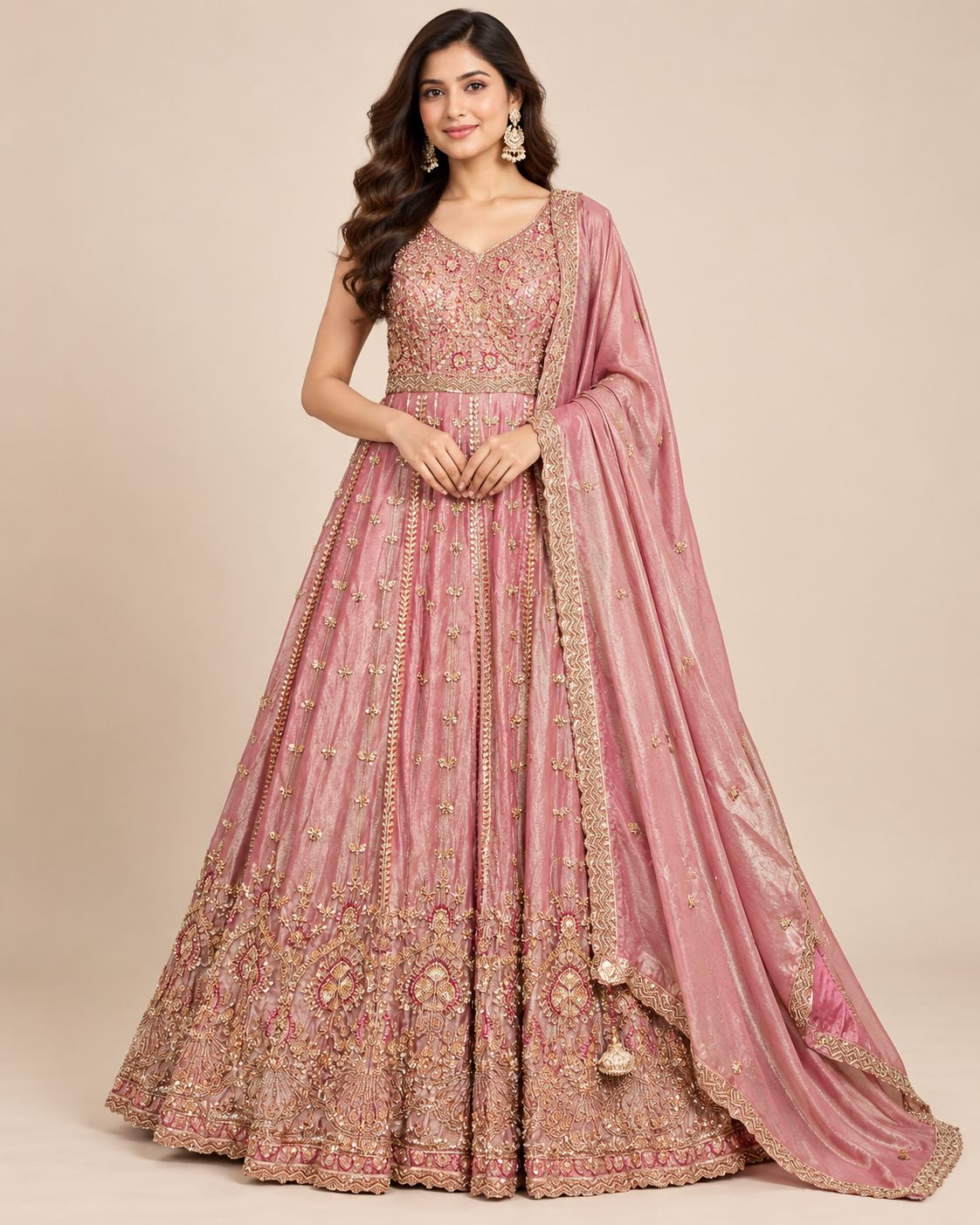 Dusty Rose Pink Heavily Embellished Flared Anarkali Gown with Dupatta