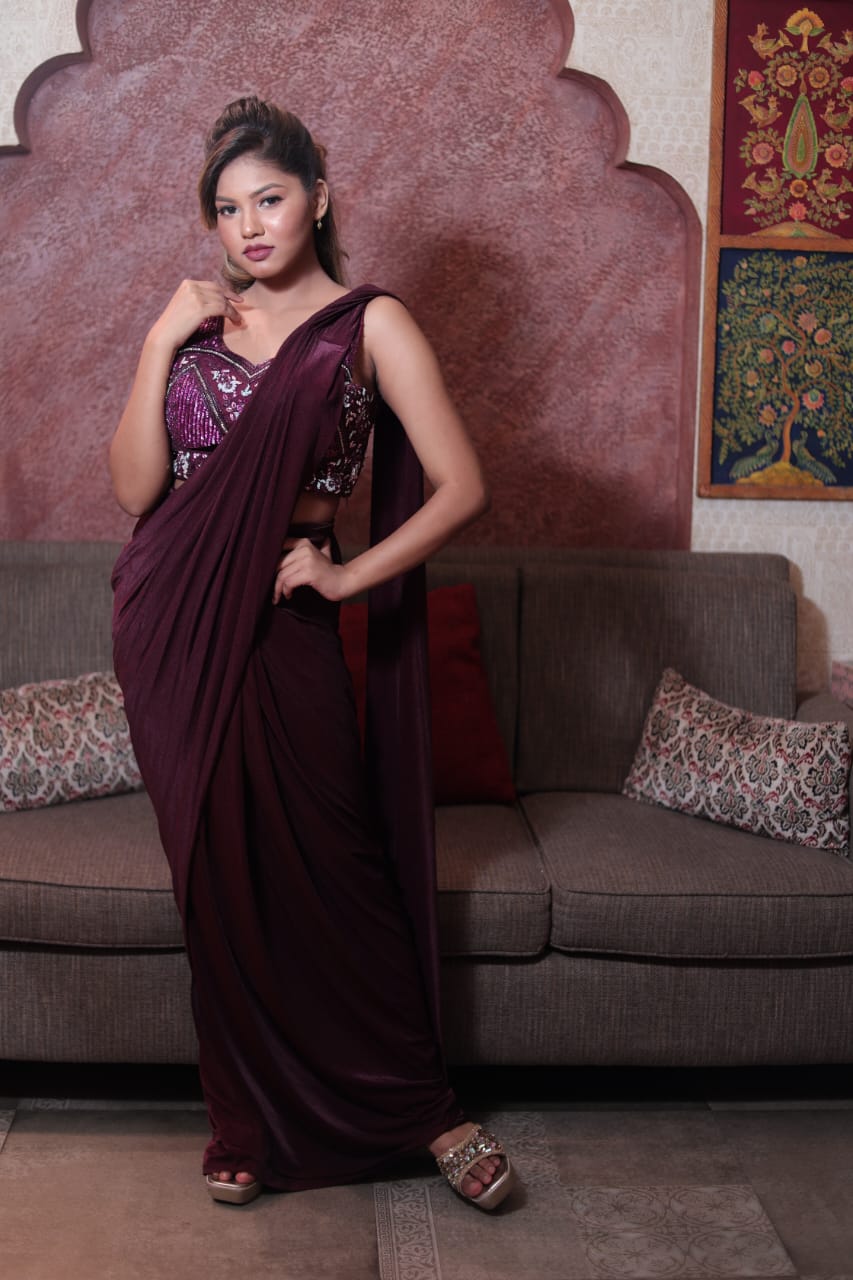 Glamorous Grape Lycra Saree with Embellished Blouse