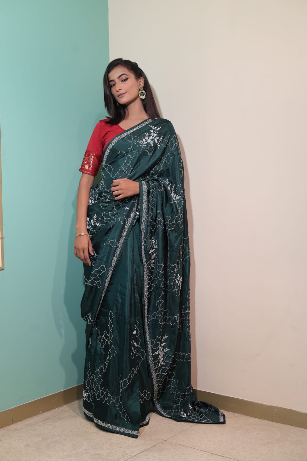 Dark Green Chiffon Saree with Intricate Embroidery