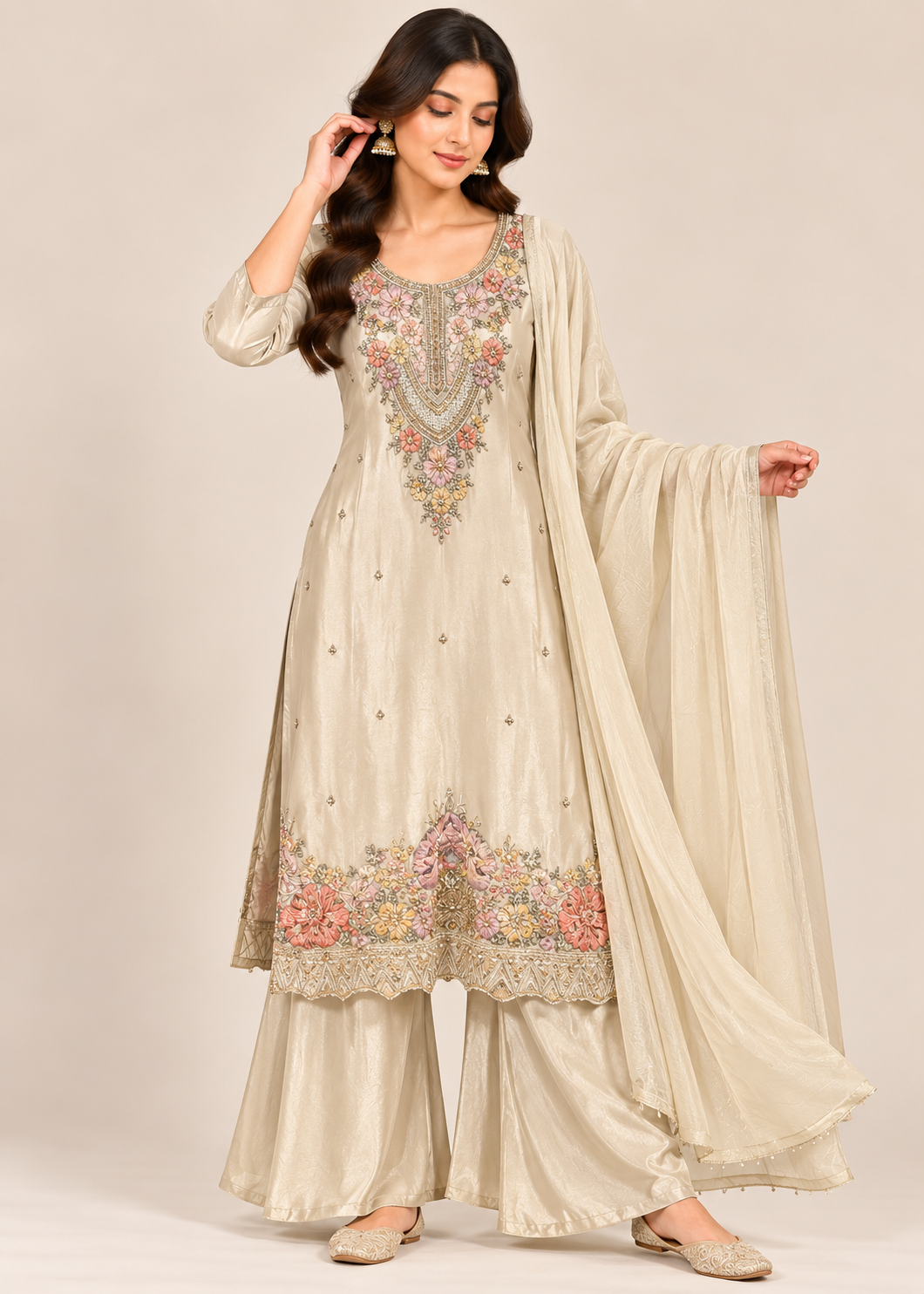 Pastel Beige Floral Embroidered Sharara Suit with Dupatta Main image
