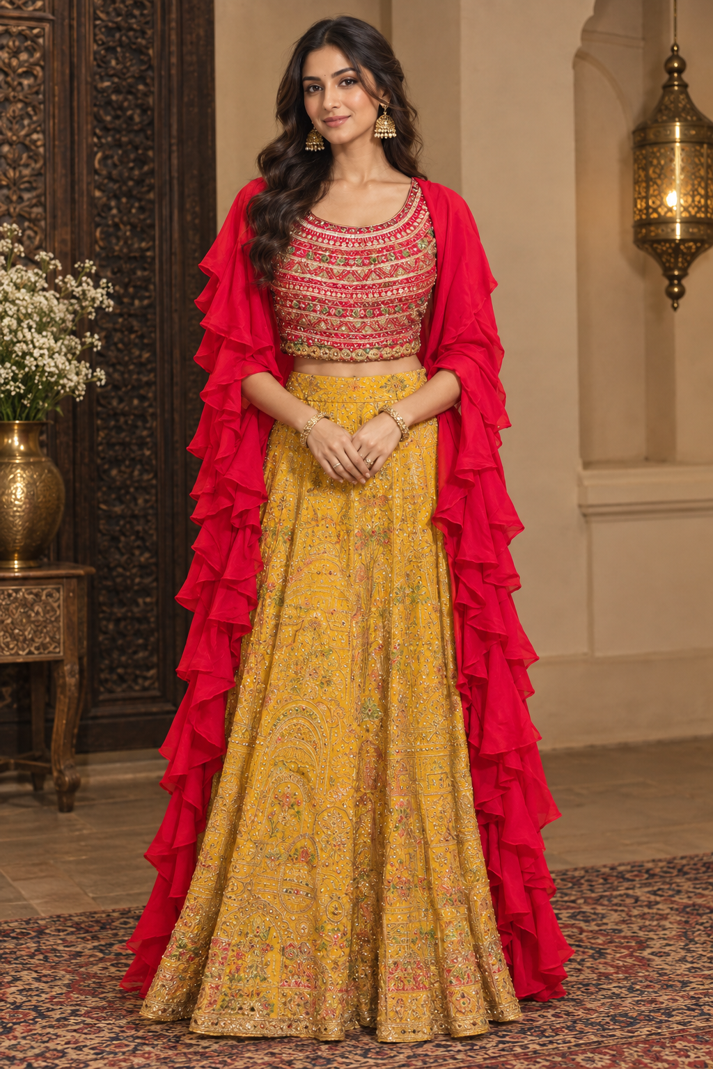 Sunshine Yellow Lehenga with Crimson Ruffle Cape
