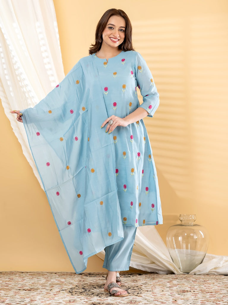 Sky Blue Floral Embroidered Chanderi Kurti Set