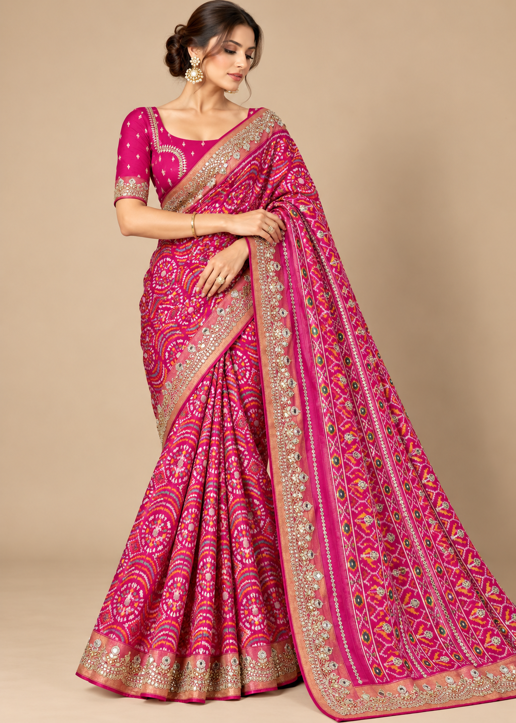 Wine Pink Patola & Bandhani Print Embellished Saree with Blouse Main image