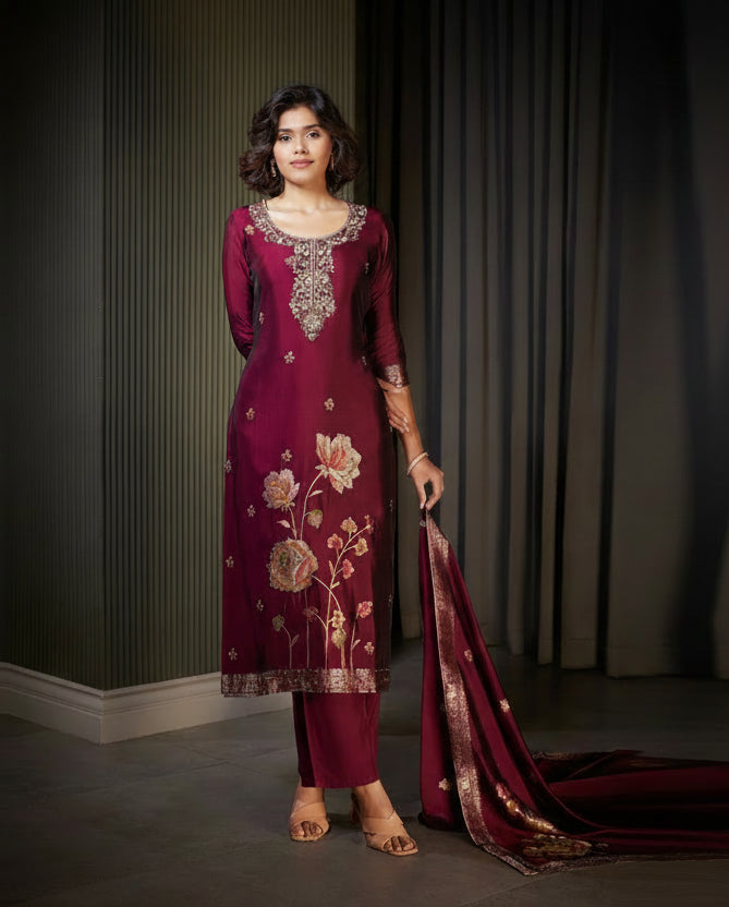 Elegant Wine Silk Kurta Set