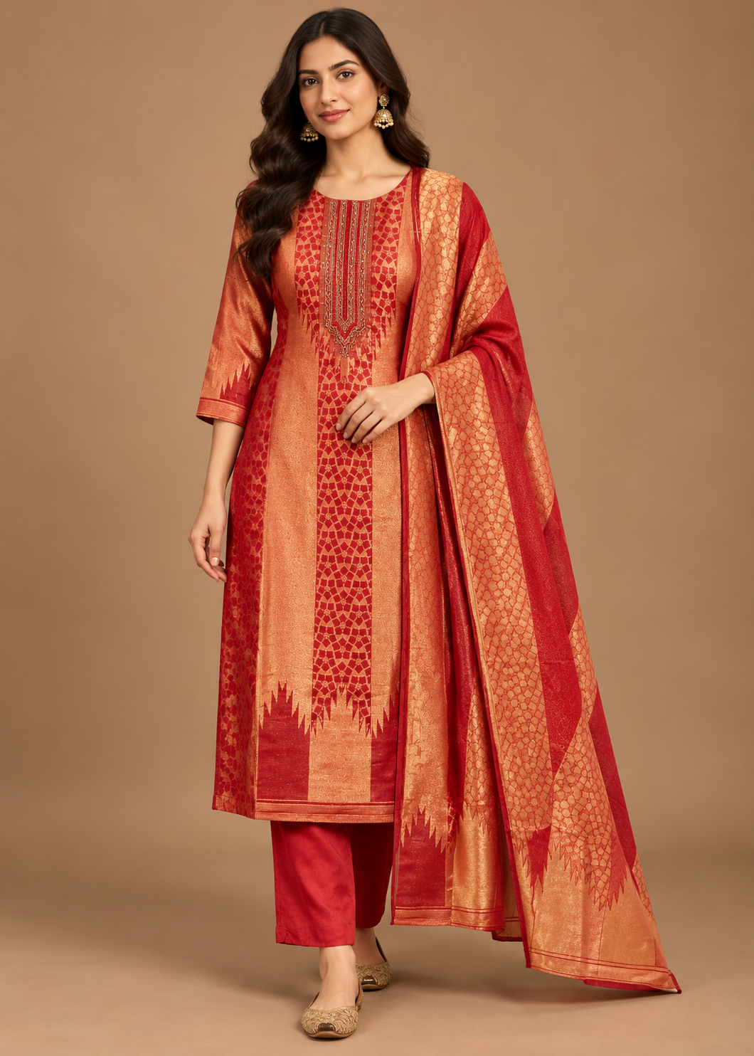 Vermilion Red Brocade Silk Kurta Set