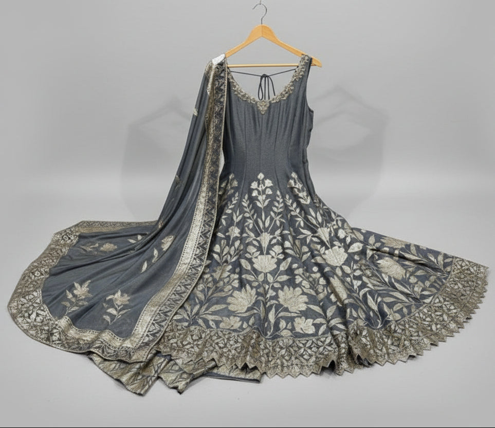 Midnight Slate Floral Embellished Anarkali Set Secondary image