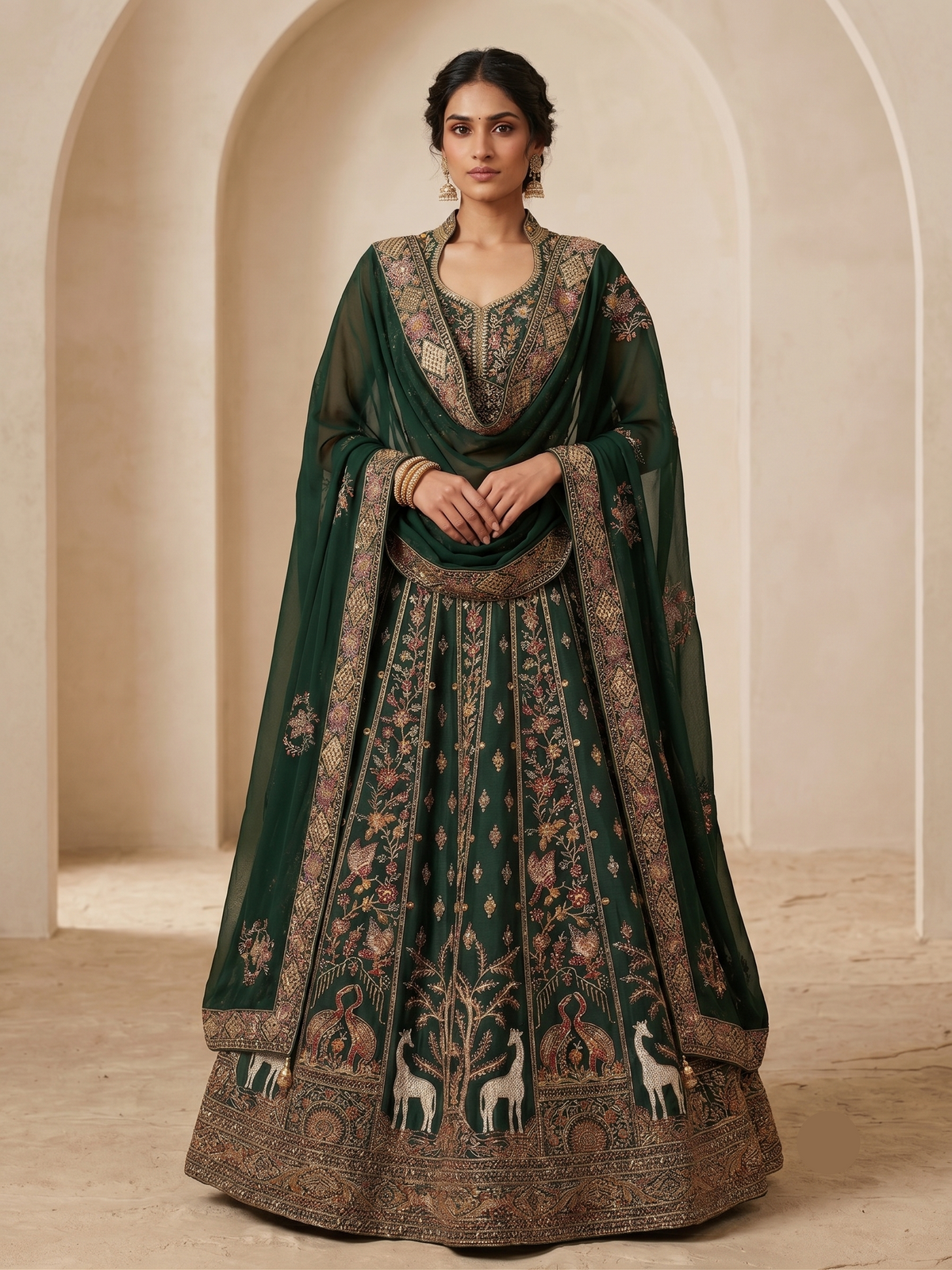 Emerald Green Embroidered Silk Bridal Lehenga Set with Collar Blouse
