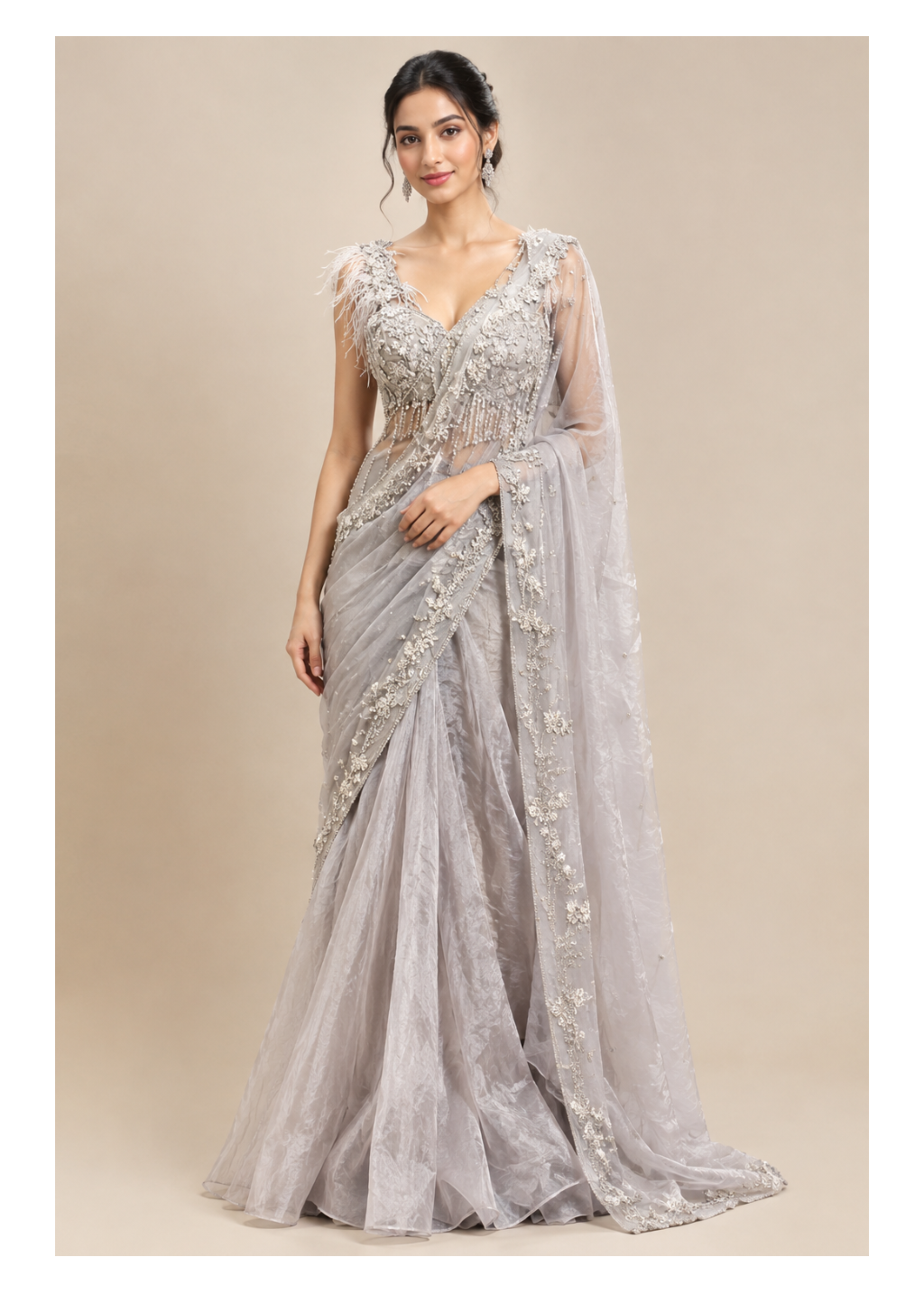 Silver Grey Pre-Draped Lehenga Saree with Feather Corset Blouse Main image