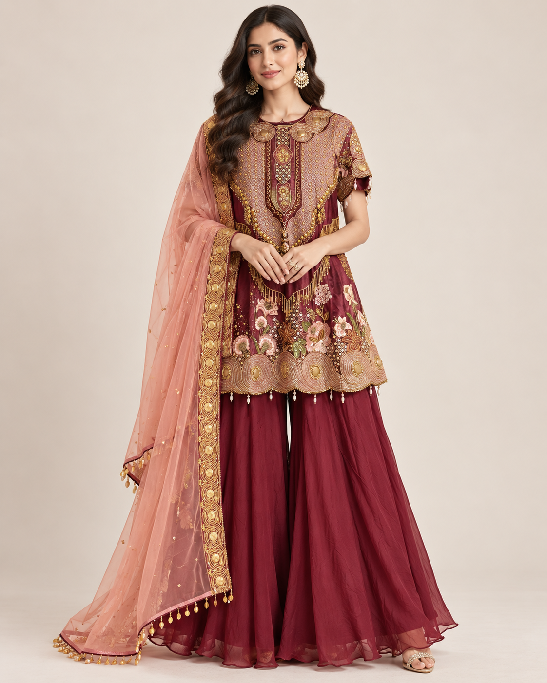 Wine Burgundy Heavily Embellished Short Kurti Sharara Set with Peach Dupatta