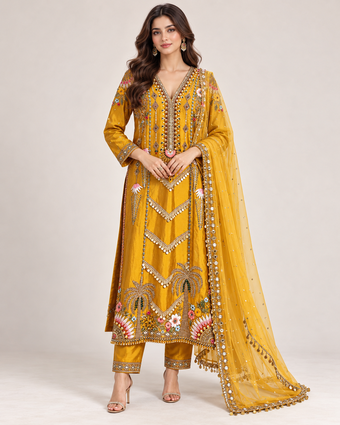 Mustard Yellow Embroidered Straight Suit Set Main image