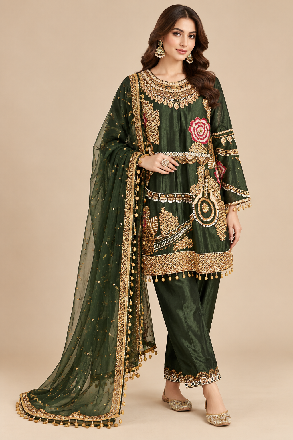 Emerald Green Heavily Embellished Short Kurti Pant Set with Dupatta