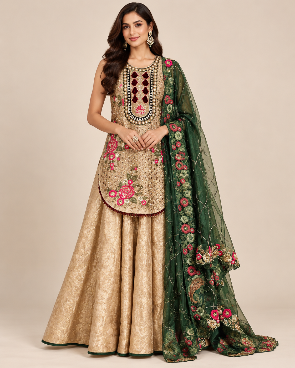 Antique Gold Brocade Kurti Skirt Set with Deep Green Embroidered Dupatta