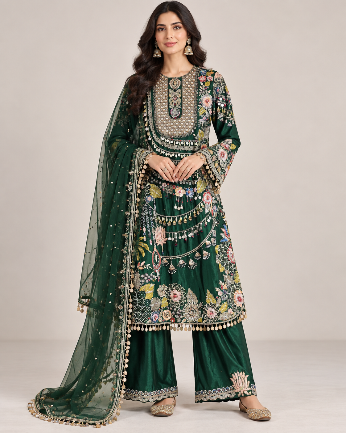 Emerald Green Heavily Embellished Kurti Palazzo Set with Coin Fringe and Dupatta