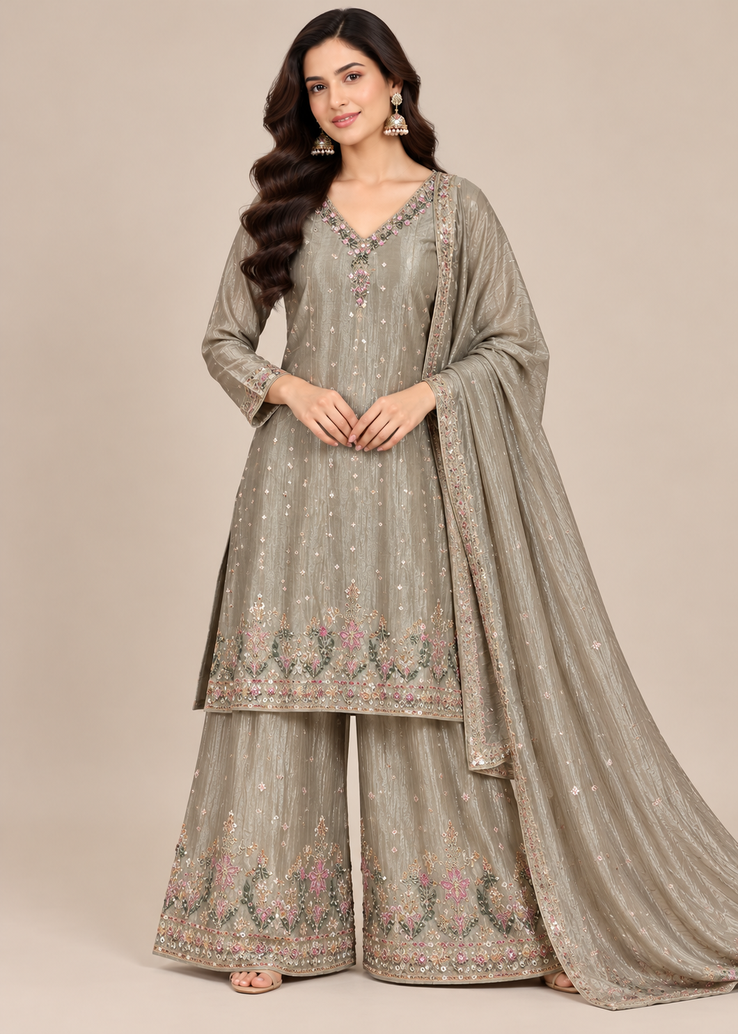 Sage Grey Embroidered Shimmer Sharara Set