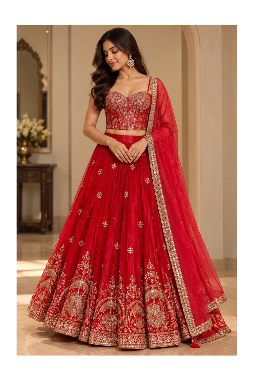 Crimson-Red Sweetheart Corset Bustier, Kalidar Lehenga