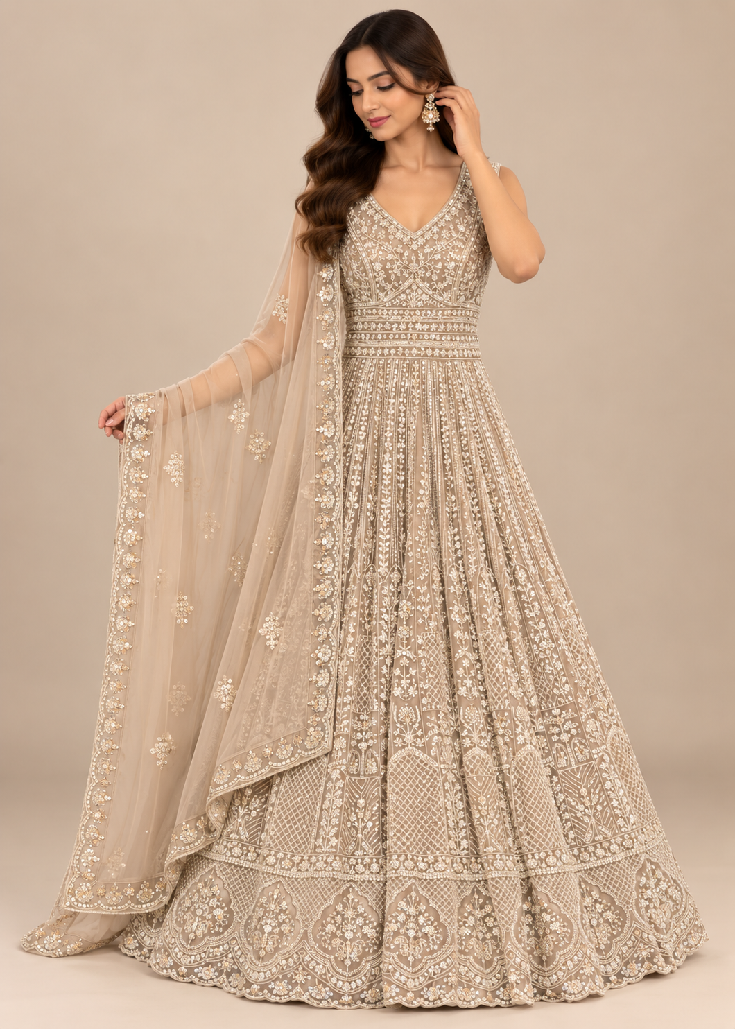 Muted Grey Heavily Embellished Anarkali Gown Main image
