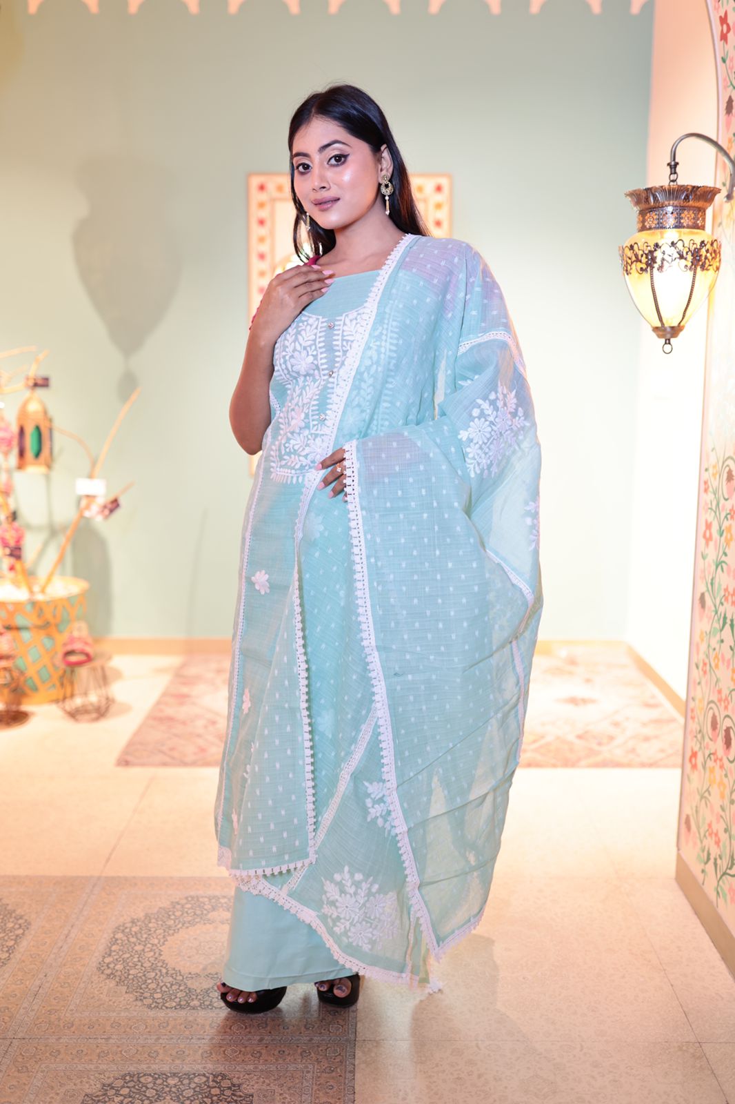 Elegant Unstitched Tissue Suit Fabric in Powder Blue