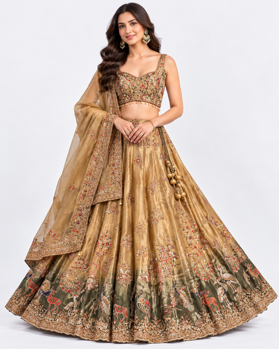 Antique Gold and Olive Green Embroidered Lehenga