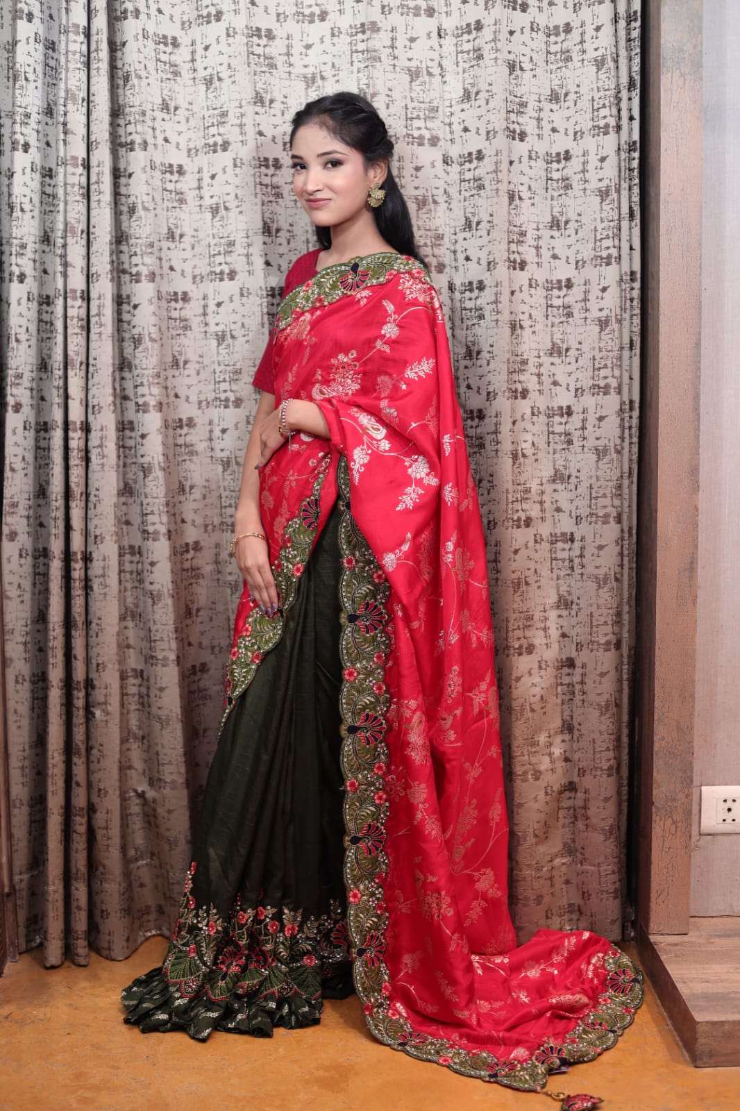 Dark Green and Red Chiffon Saree