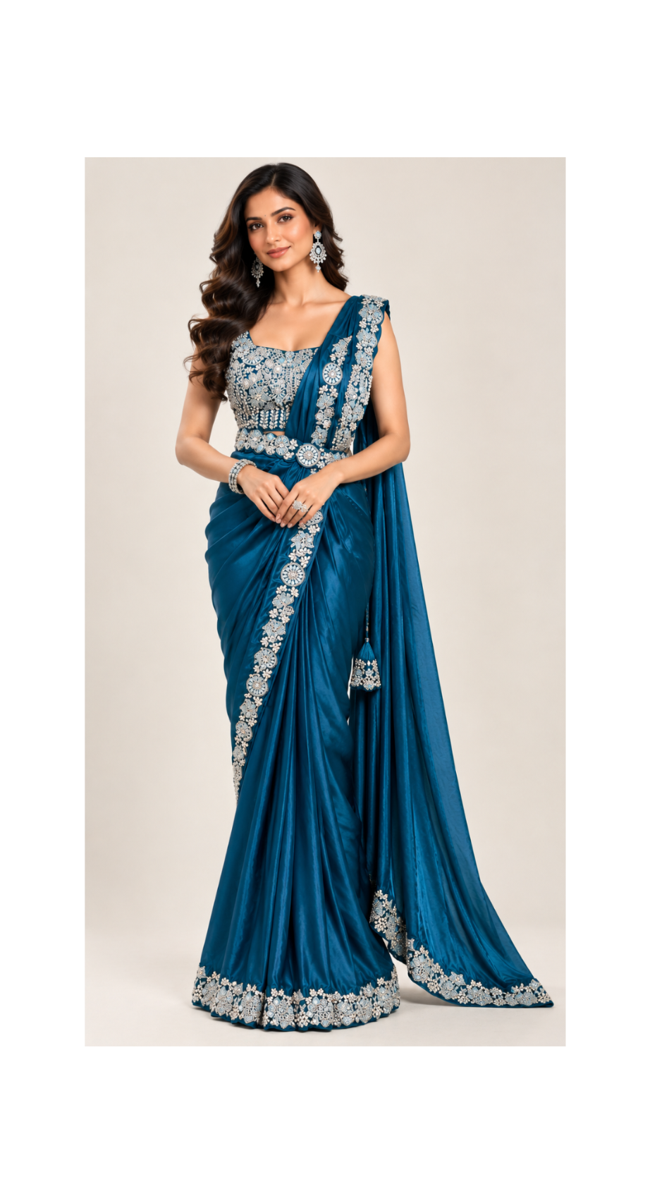 Teal Embellished Drape Saree with Belt Main image