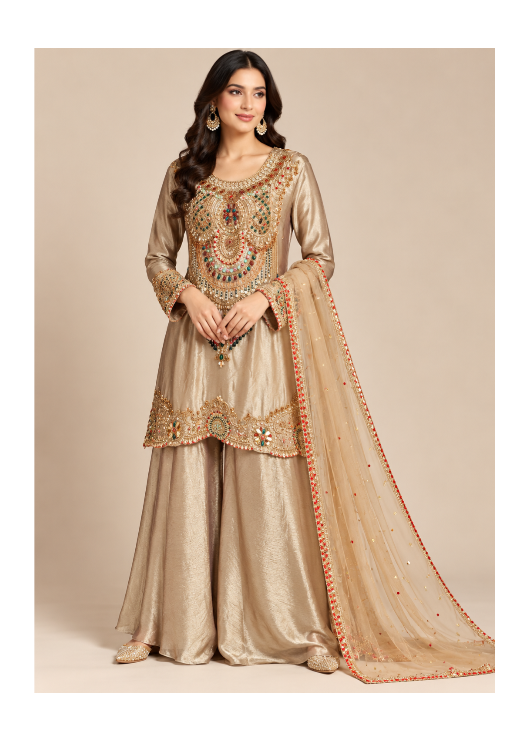 Antique Champagne-Gold Jewel-Emcrusted Kurti, Flared Sharara
