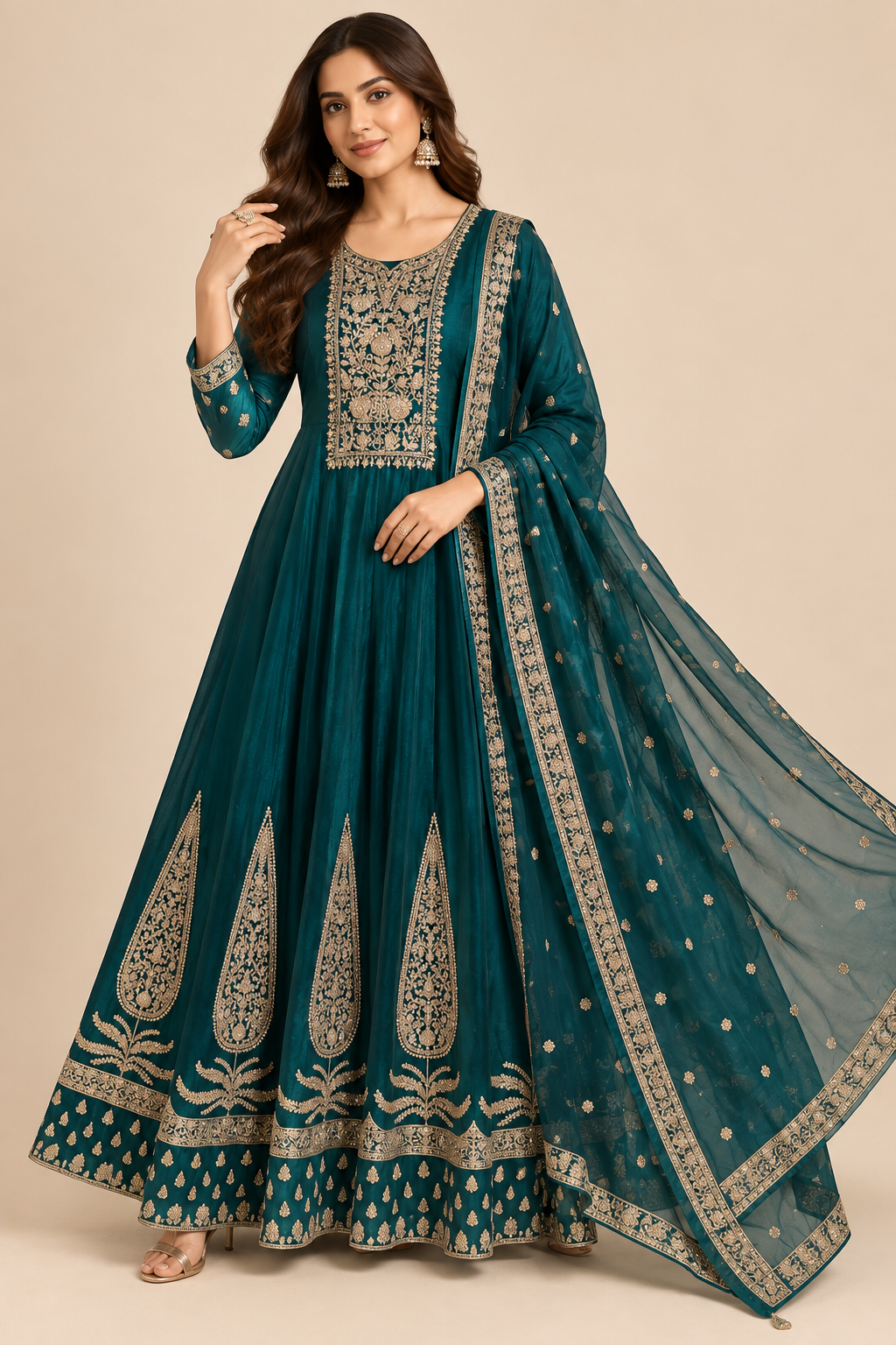 Teal Blue Hand-Embroidered Silk Kalidar Anarkali Gown Set with Dupatta